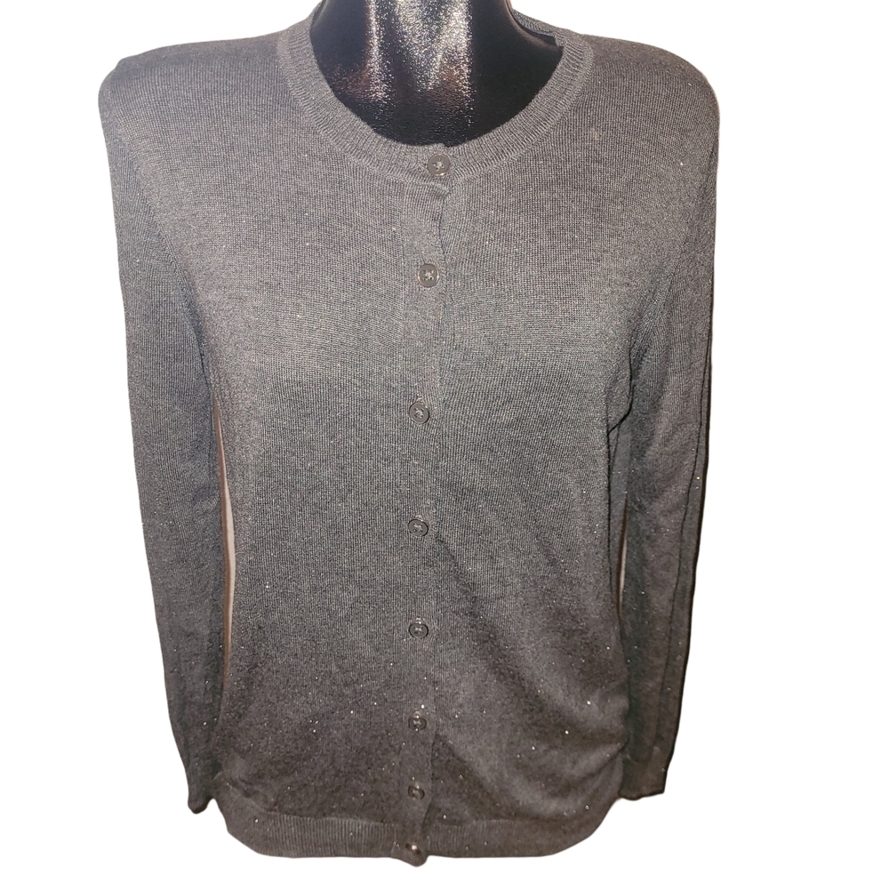 Nicole Miller Gray Sparkle Detailed Button-Up Sweater M